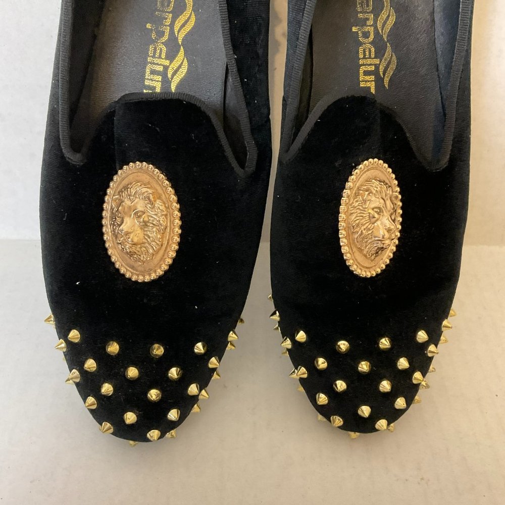 Harpelunde Velvet Loafers Men's 9 Black Gold Spikes Décor - Picture 4 of 10